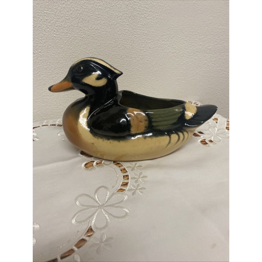 Vintage hand Painted Wood Duck Porcelain Planter Made In The USA